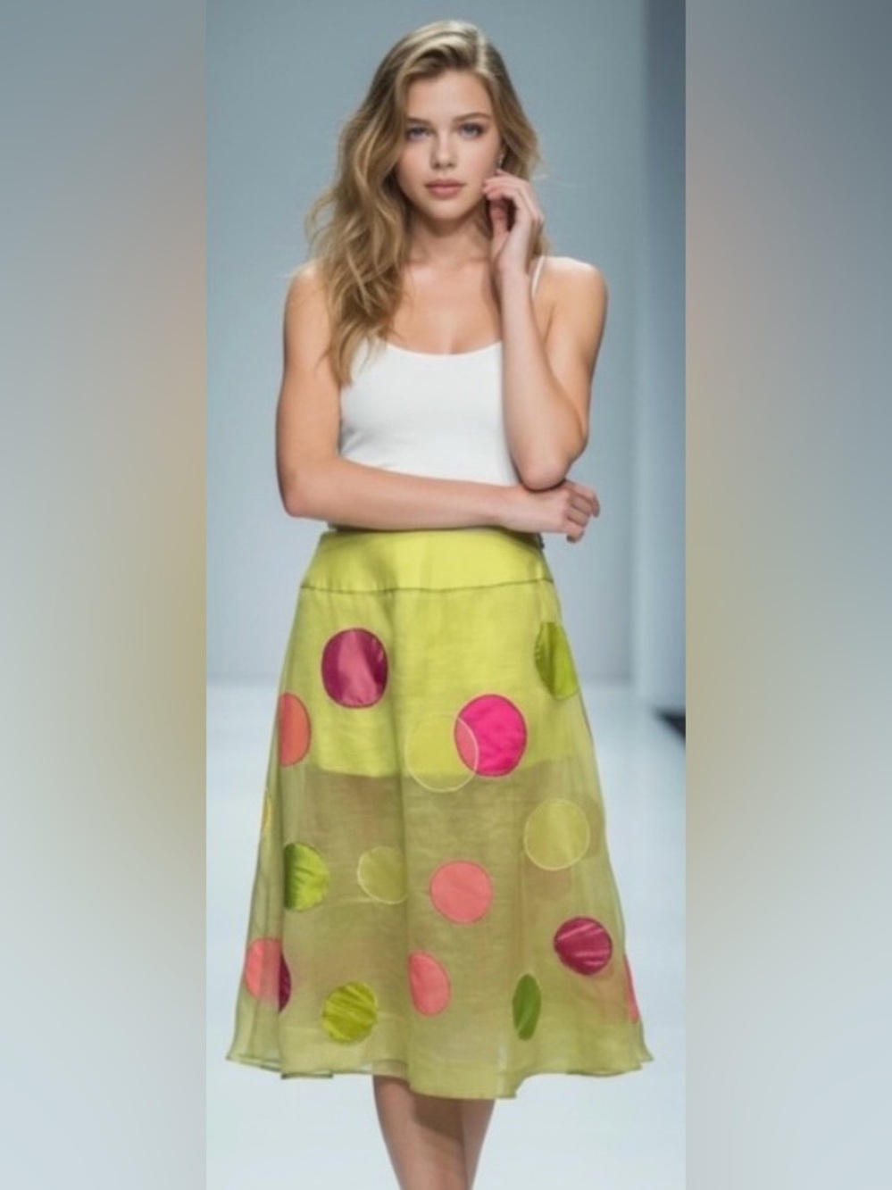 GHULAN SAKINA Khirkee Skirt Yellow Green Pink Polka Dot Mesh Lace Boho